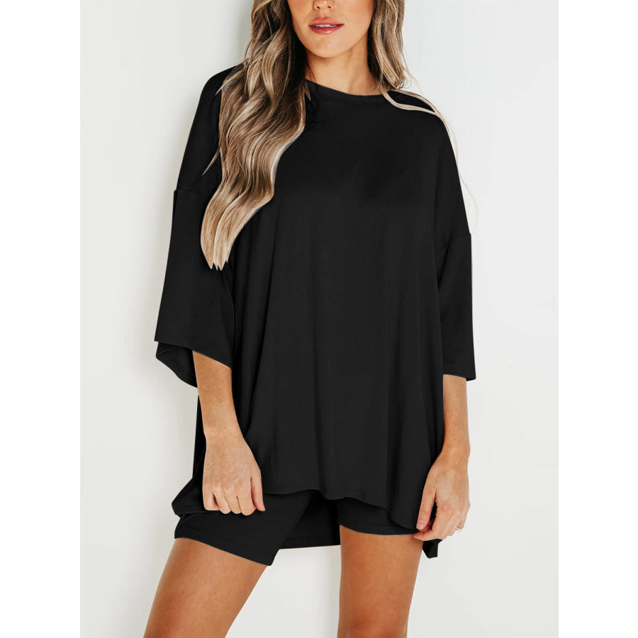 Full Size Round Neck Top and Skinny Shorts Set Black / S Apparel and Accessories