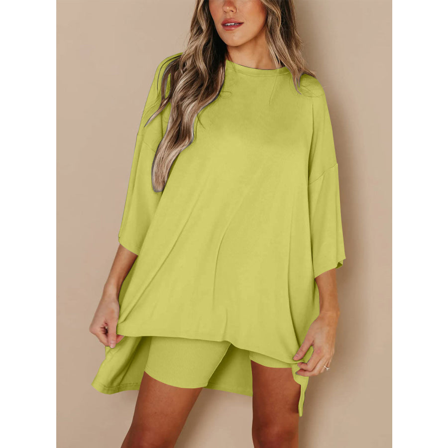 Full Size Round Neck Top and Skinny Shorts Set Lime / S Apparel and Accessories