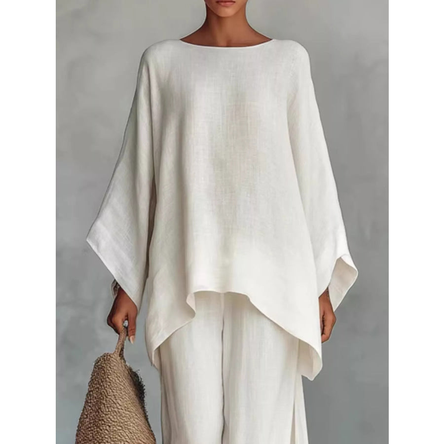 Full Size Round Neck Top and Wide Leg Pants Set Plus Size White / S Apparel and Accessories
