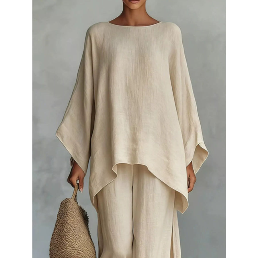 Full Size Round Neck Top and Wide Leg Pants Set Plus Size Apparel and Accessories