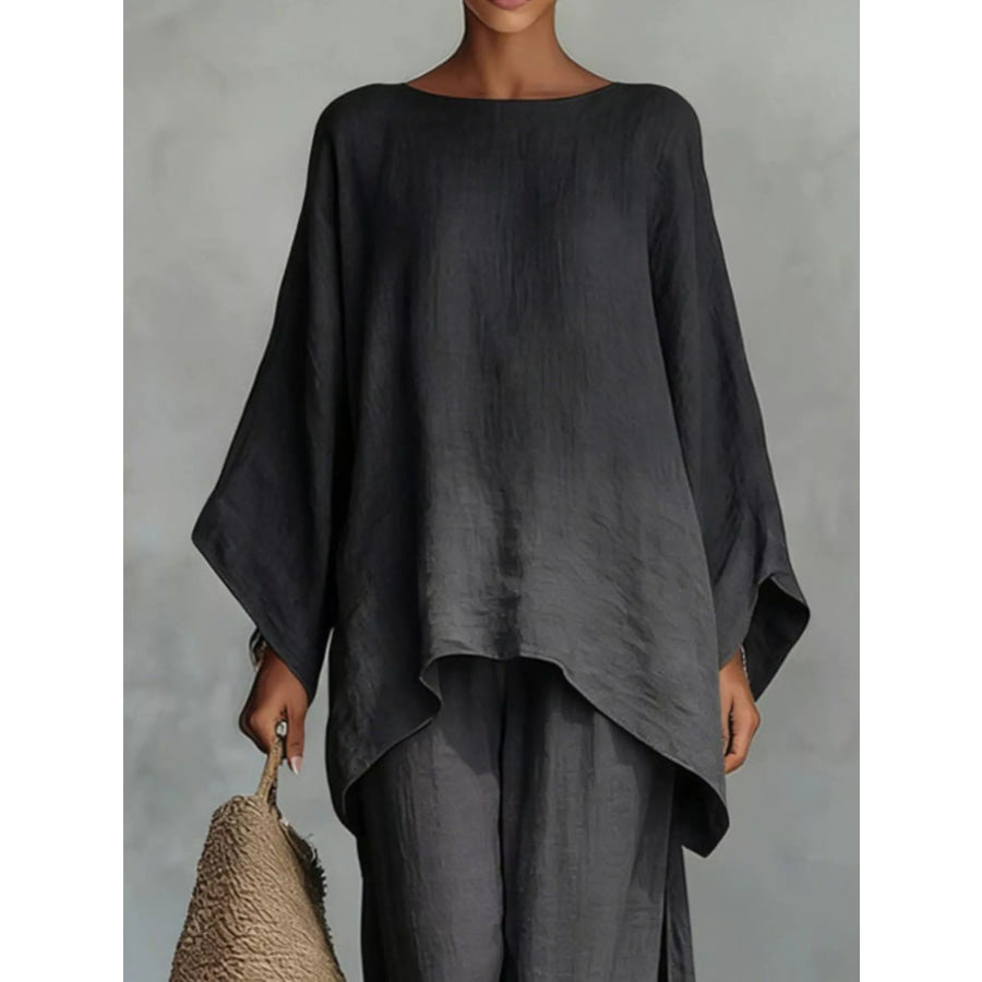 Full Size Round Neck Top and Wide Leg Pants Set Plus Size Apparel and Accessories