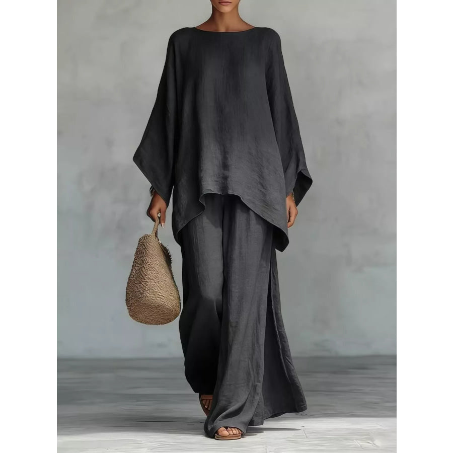 Full Size Round Neck Top and Wide Leg Pants Set Plus Size Black / S Apparel and Accessories