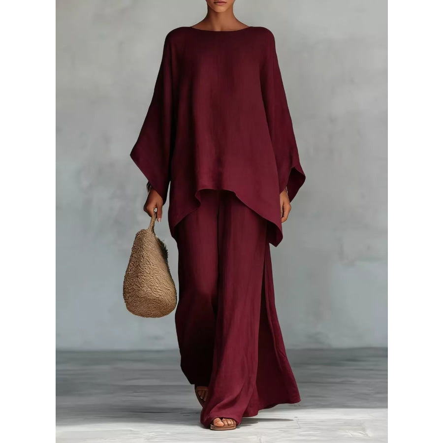 Full Size Round Neck Top and Wide Leg Pants Set Plus Size Burgundy / S Apparel and Accessories