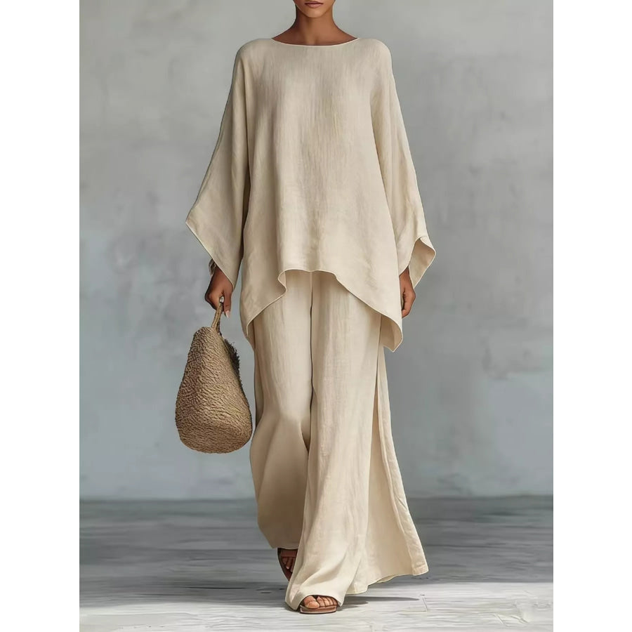 Full Size Round Neck Top and Wide Leg Pants Set Plus Size Khaki / S Apparel and Accessories