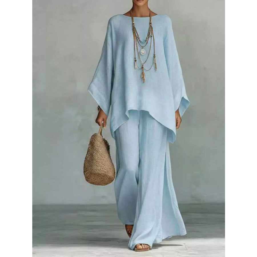 Full Size Round Neck Top and Wide Leg Pants Set Plus Size Light Blue / S Apparel and Accessories