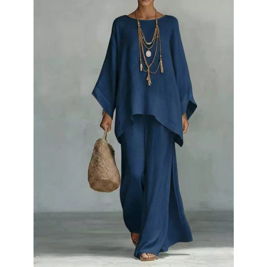 Full Size Round Neck Top and Wide Leg Pants Set Plus Size Navy / S Apparel and Accessories