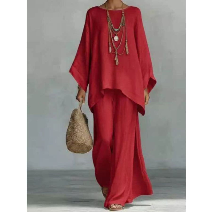 Full Size Round Neck Top and Wide Leg Pants Set Plus Size Red / S Apparel and Accessories