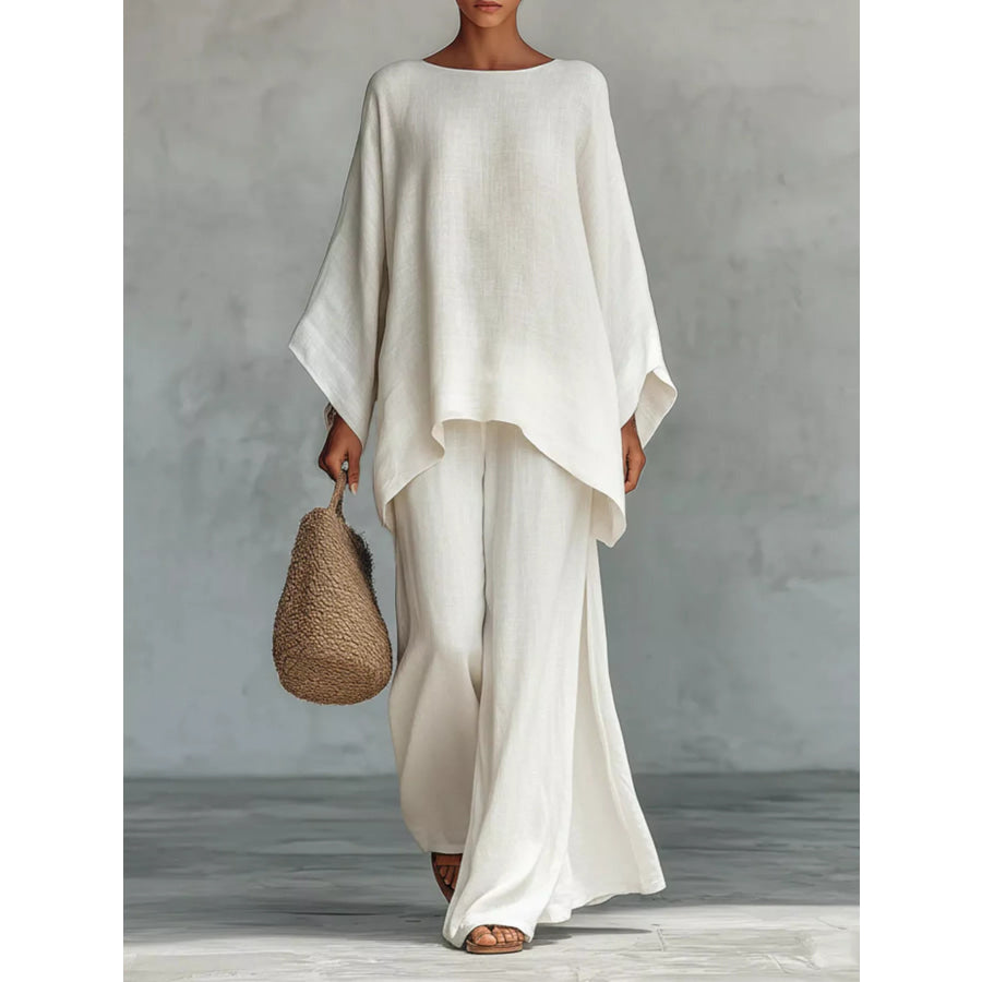 Full Size Round Neck Top and Wide Leg Pants Set Plus Size White / S Apparel and Accessories