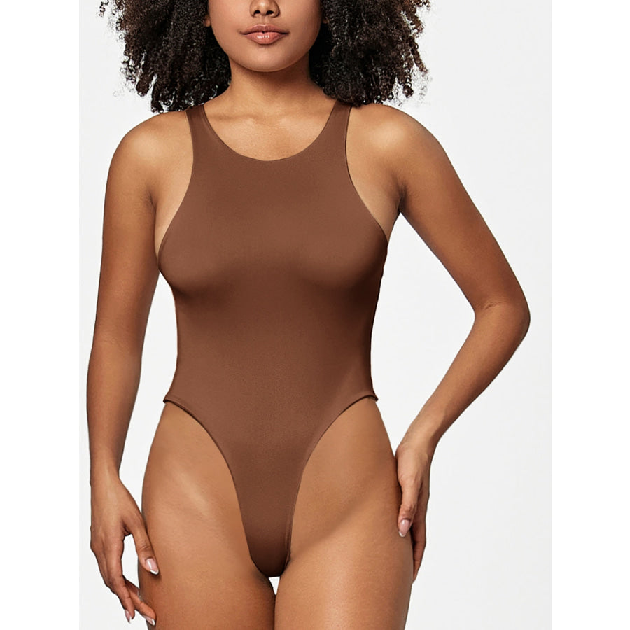 Full Size Round Neck Wide Strap Bodysuit Brown / S Apparel and Accessories