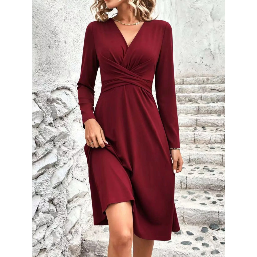 Full Size Ruched Front Midi Dress Plus Burgundy / S Apparel and Accessories