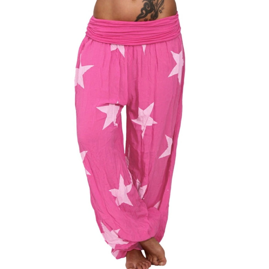 Full Size Ruched High Waist Printed Pants Hot Pink / S