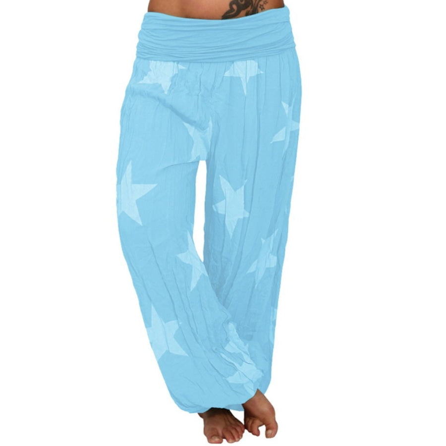 Full Size Ruched High Waist Printed Pants Pastel Blue / S