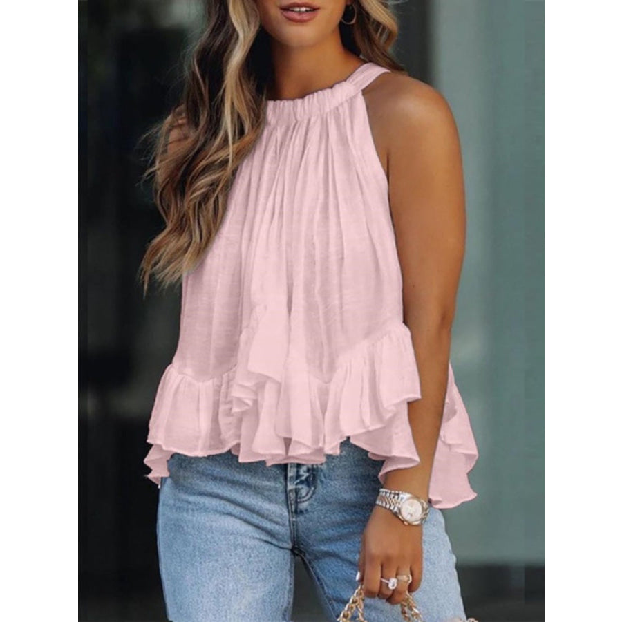 Full Size Ruched Round Neck Tank Blush Pink / S Apparel and Accessories