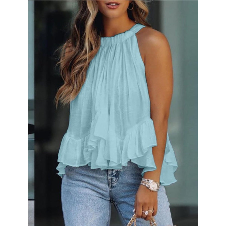 Full Size Ruched Round Neck Tank Pastel Blue / S Apparel and Accessories