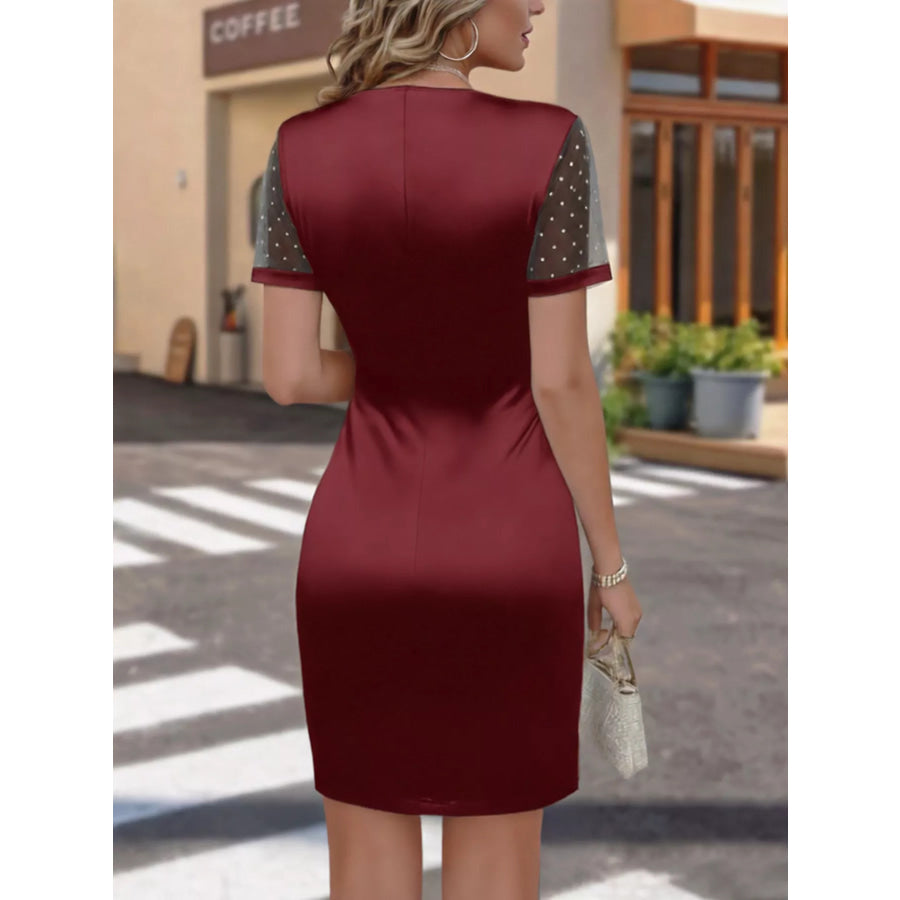 Full Size Ruched Satin Wrap Dress with Sheer Mesh Sleeves Plus Size Apparel and Accessories