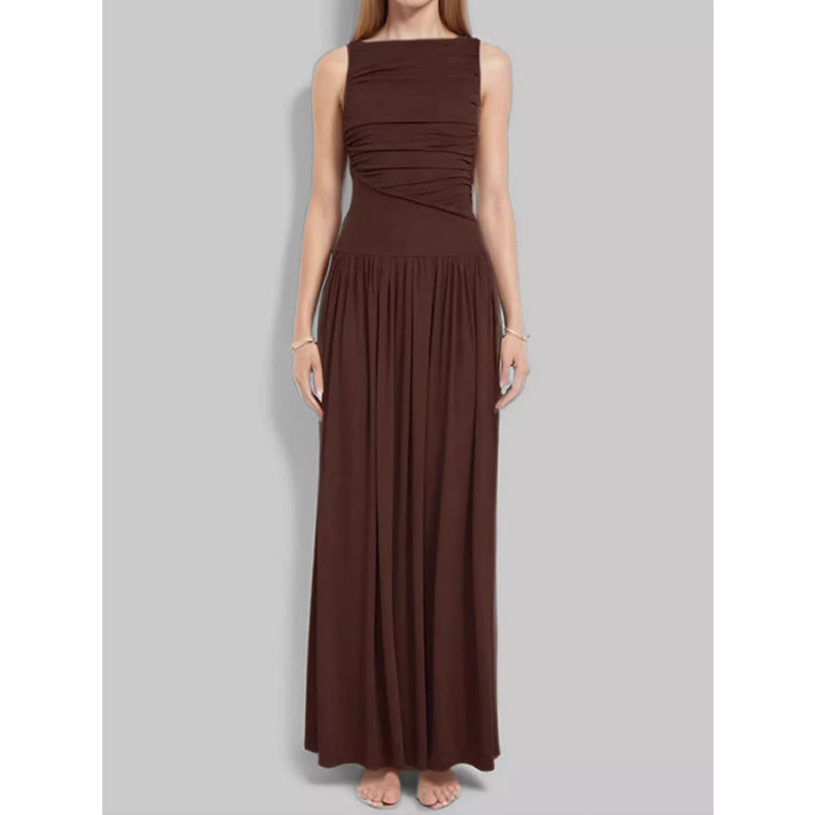Full Size Ruched Sleeveless Maxi Dress Plus Size Brown / S Apparel and Accessories