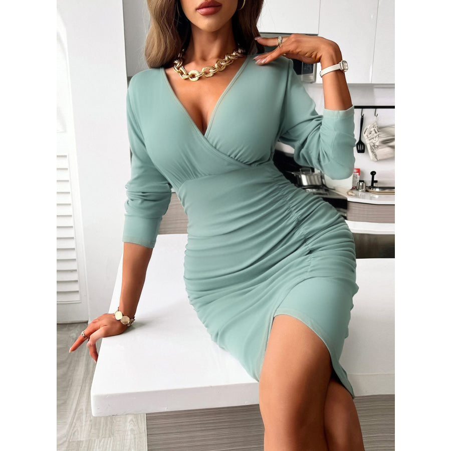 Full Size Ruched Surplice Bodycon Dress Plus Size Apparel and Accessories