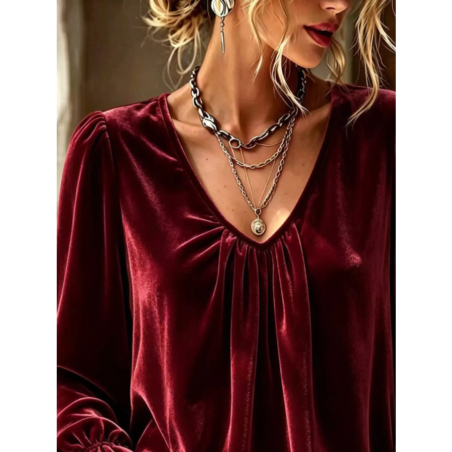Full Size Ruched V-Neck Flounce Sleeve Blouse Plus Apparel and Accessories