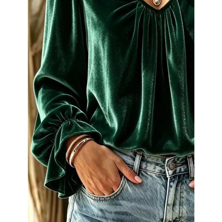 Full Size Ruched V-Neck Flounce Sleeve Blouse Plus Apparel and Accessories