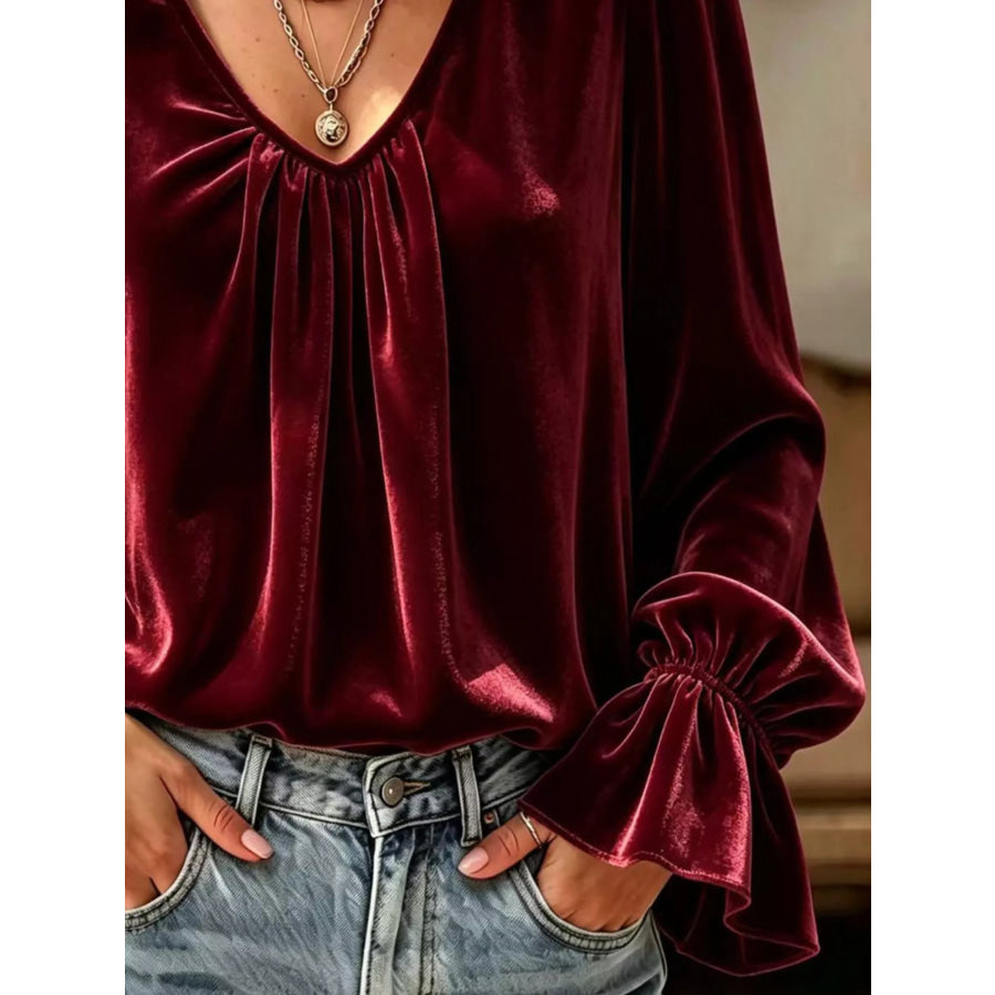 Full Size Ruched V-Neck Flounce Sleeve Blouse Plus Apparel and Accessories