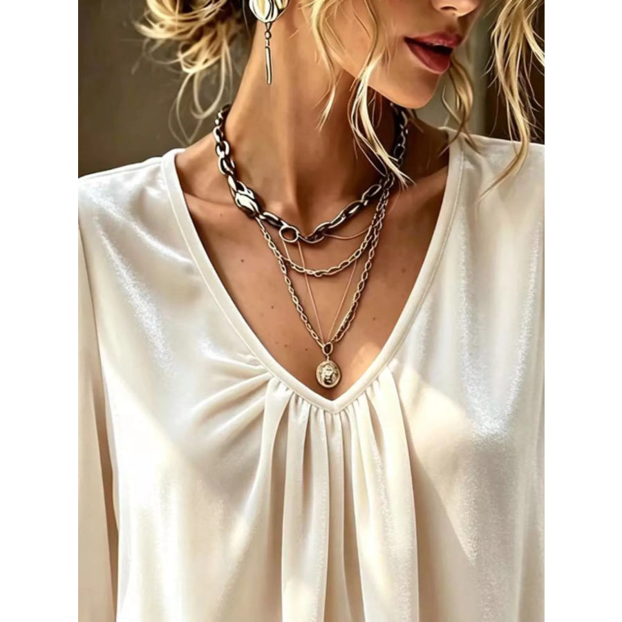 Full Size Ruched V-Neck Flounce Sleeve Blouse Plus Apparel and Accessories