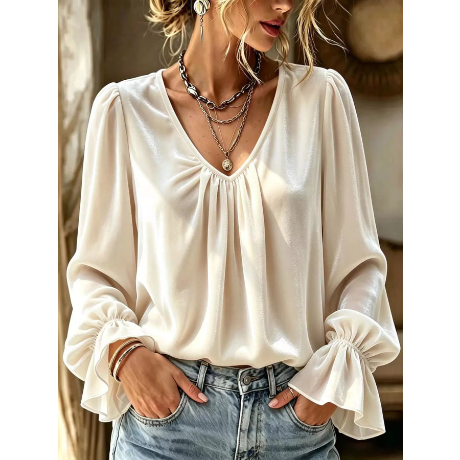 Full Size Ruched V-Neck Flounce Sleeve Blouse Plus Beige / S Apparel and Accessories