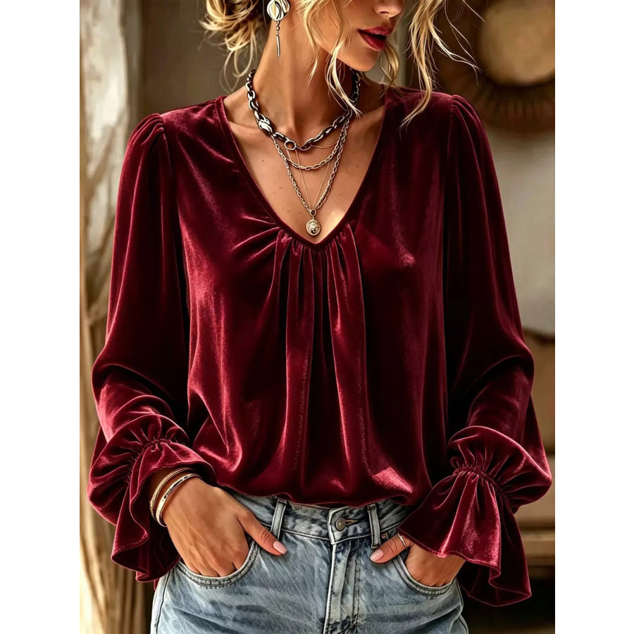 Full Size Ruched V-Neck Flounce Sleeve Blouse Plus Burgundy / S Apparel and Accessories