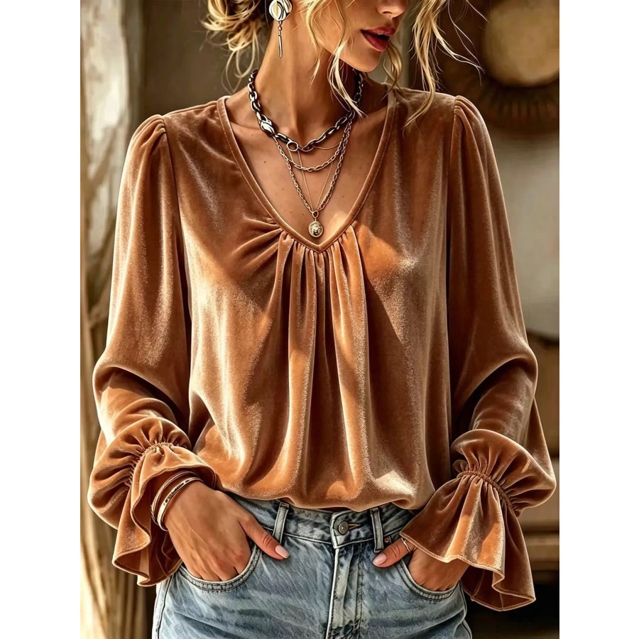 Full Size Ruched V-Neck Flounce Sleeve Blouse Plus Caramel / S Apparel and Accessories