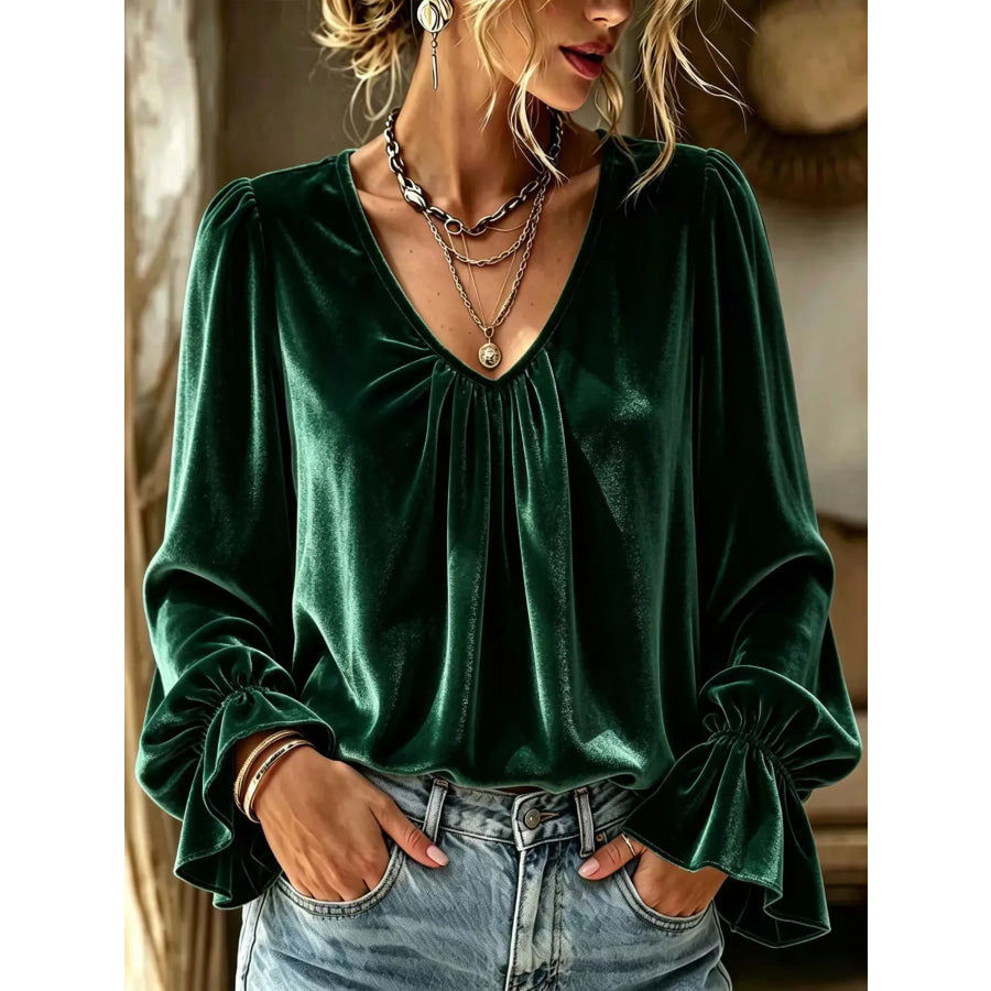 Full Size Ruched V-Neck Flounce Sleeve Blouse Plus Dark Green / S Apparel and Accessories