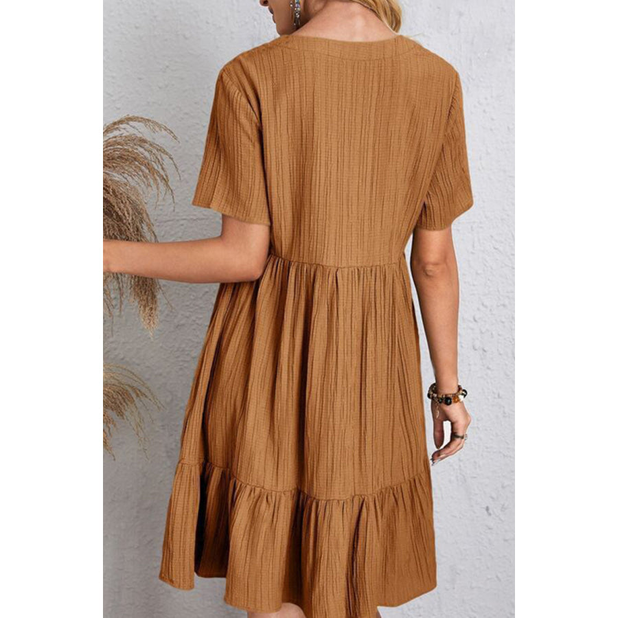 Full Size Ruched V - Neck Short Sleeve Dress Caramel / S Apparel and Accessories