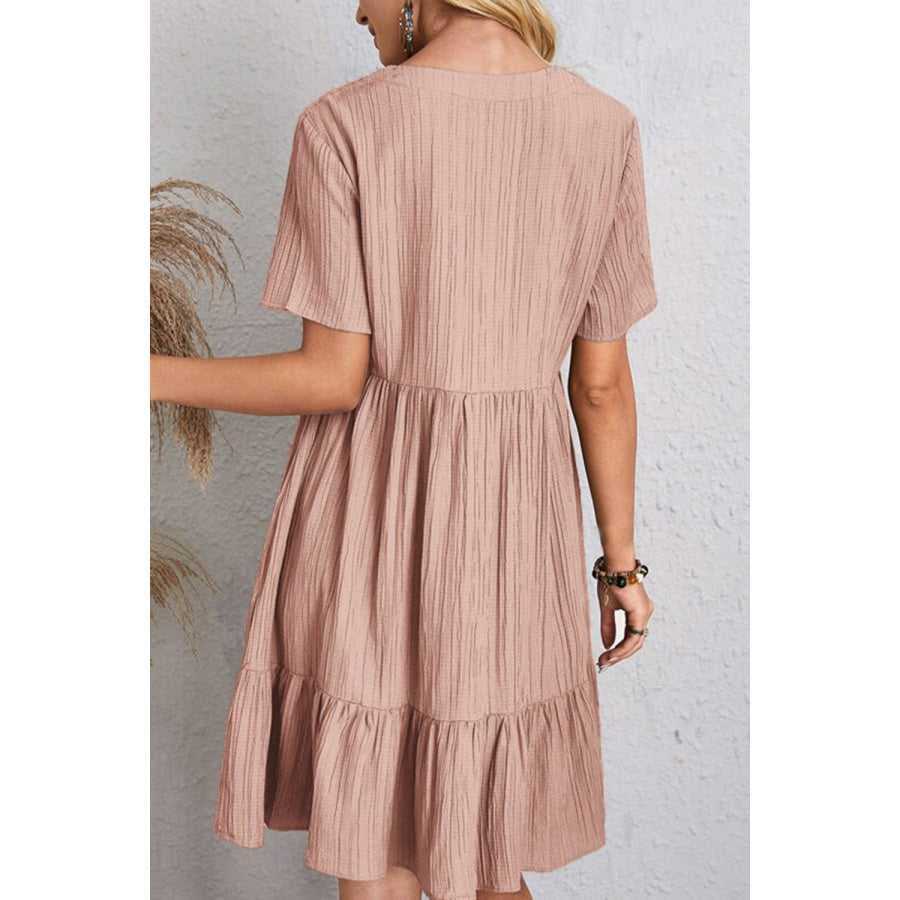 Full Size Ruched V - Neck Short Sleeve Dress Apparel and Accessories