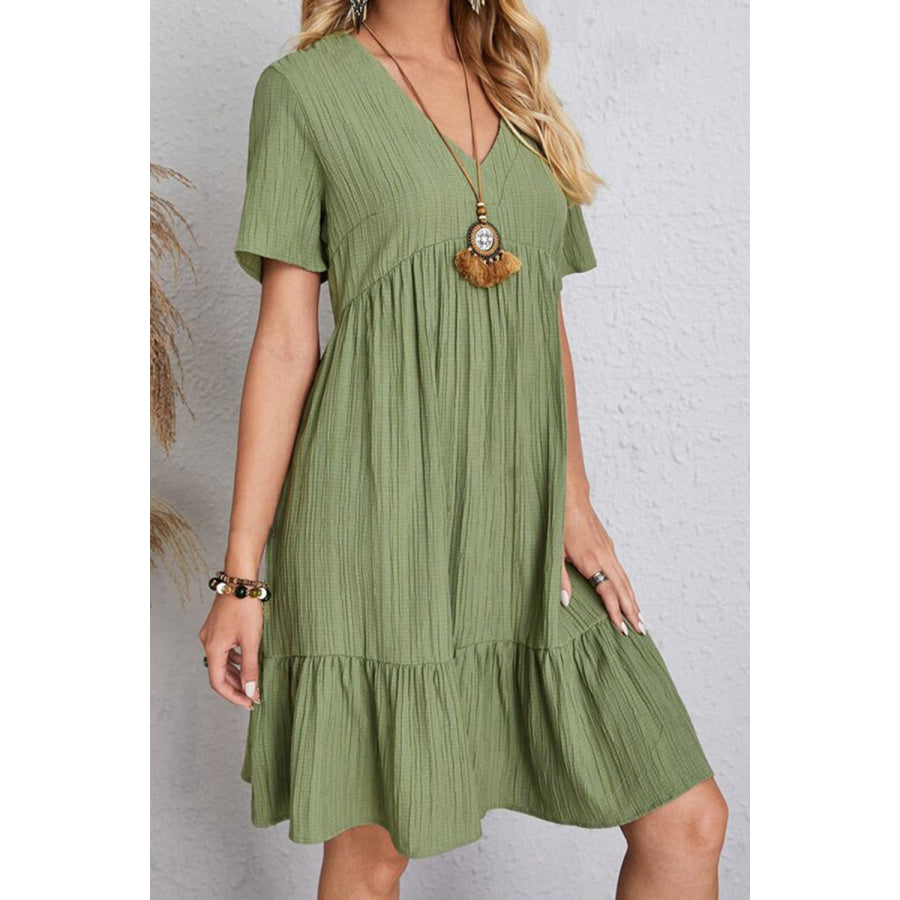 Full Size Ruched V - Neck Short Sleeve Dress Apparel and Accessories