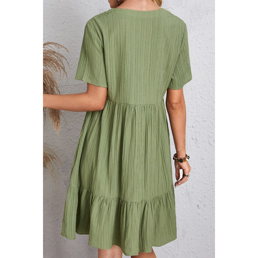 Full Size Ruched V - Neck Short Sleeve Dress Apparel and Accessories