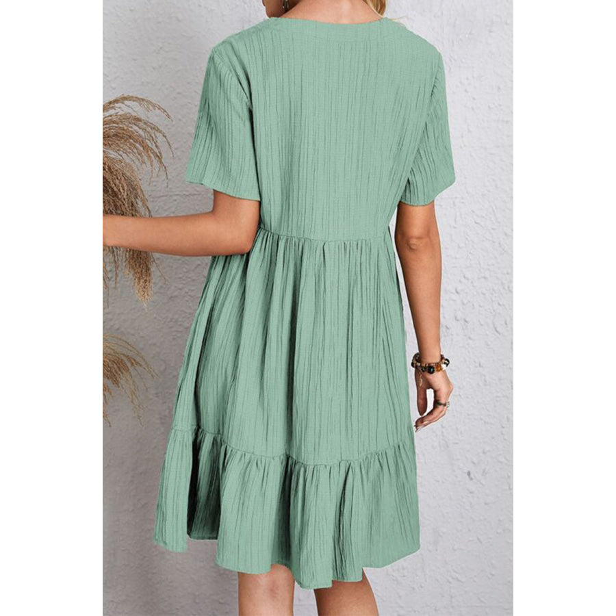 Full Size Ruched V - Neck Short Sleeve Dress Apparel and Accessories