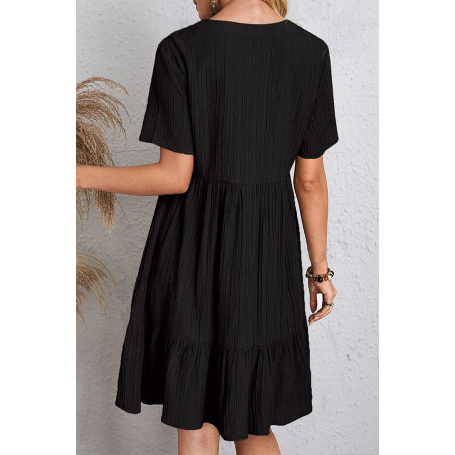 Full Size Ruched V - Neck Short Sleeve Dress Apparel and Accessories