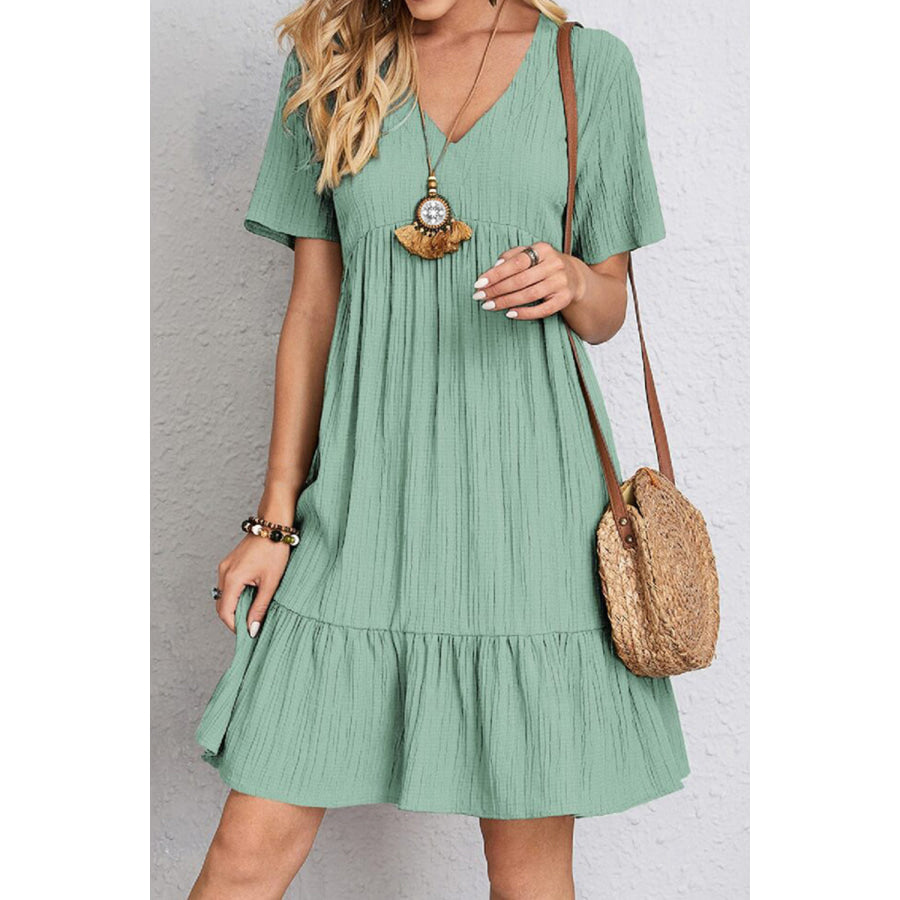 Full Size Ruched V - Neck Short Sleeve Dress Apparel and Accessories