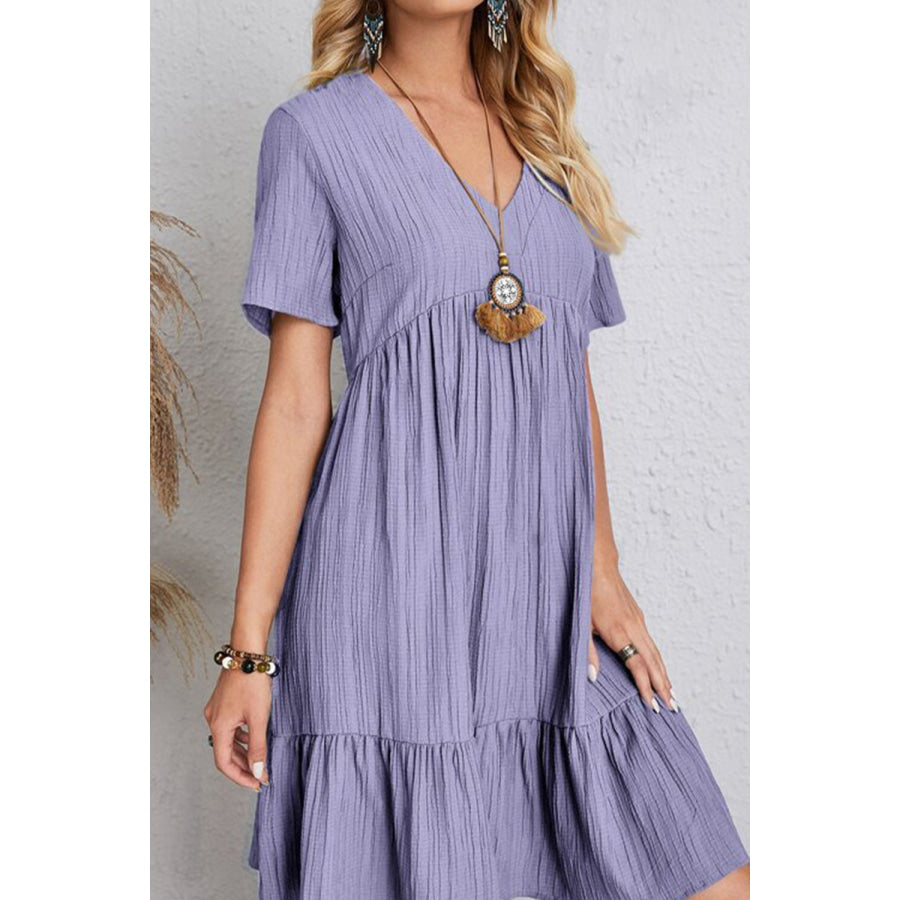 Full Size Ruched V - Neck Short Sleeve Dress Apparel and Accessories