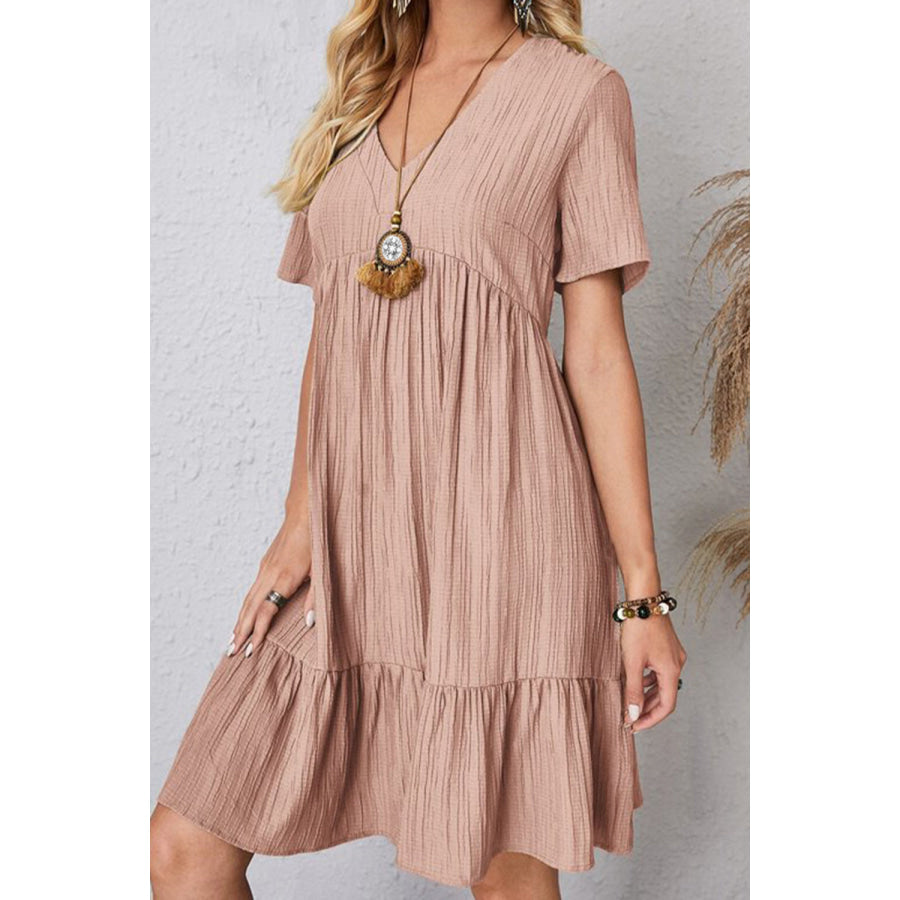 Full Size Ruched V - Neck Short Sleeve Dress Apparel and Accessories