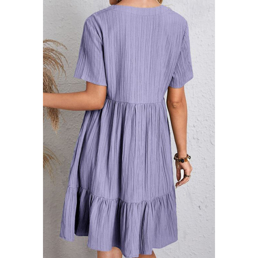 Full Size Ruched V - Neck Short Sleeve Dress Apparel and Accessories