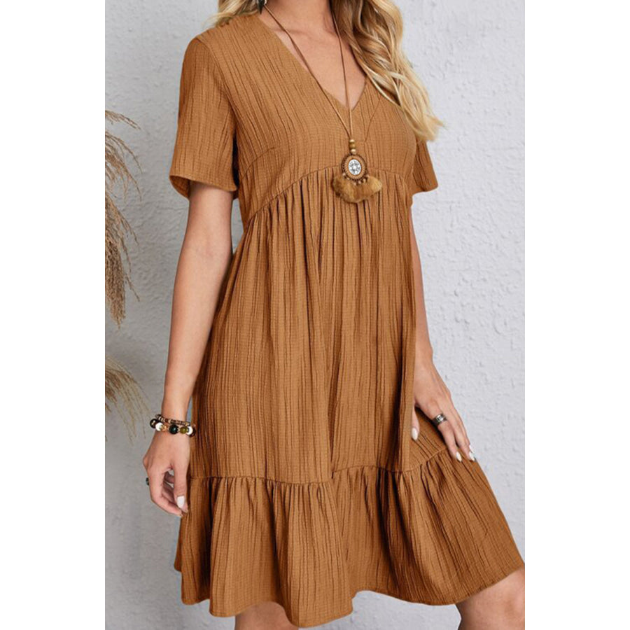 Full Size Ruched V - Neck Short Sleeve Dress Apparel and Accessories