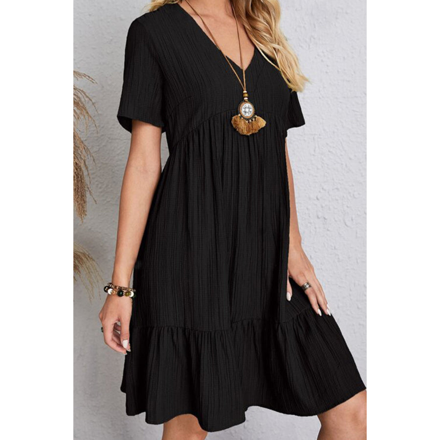 Full Size Ruched V - Neck Short Sleeve Dress Apparel and Accessories