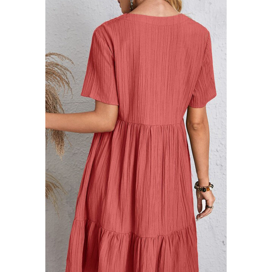 Full Size Ruched V - Neck Short Sleeve Dress Apparel and Accessories