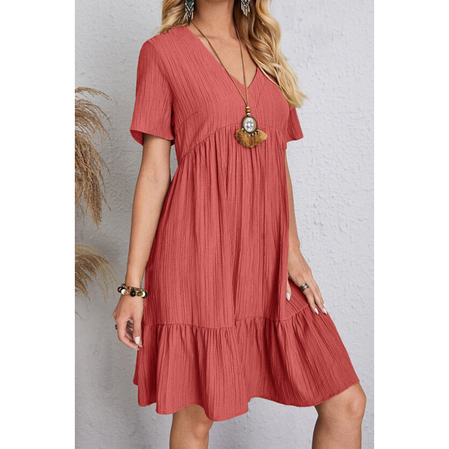 Full Size Ruched V - Neck Short Sleeve Dress Apparel and Accessories