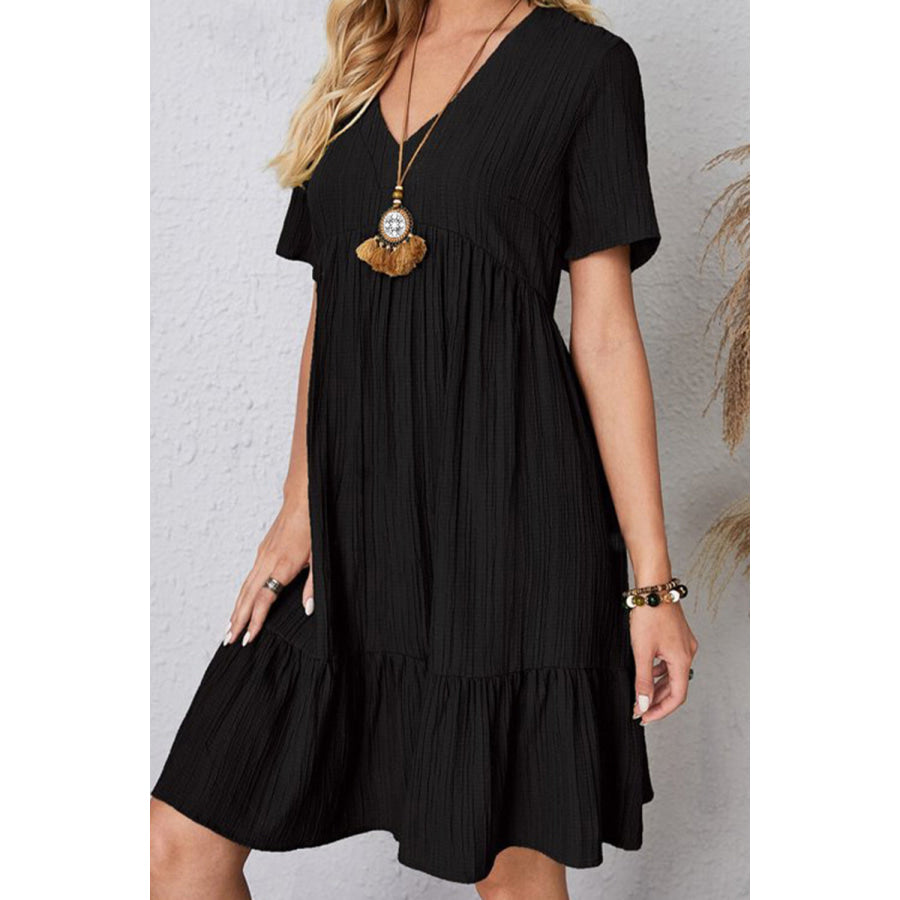 Full Size Ruched V - Neck Short Sleeve Dress Black / S Apparel and Accessories