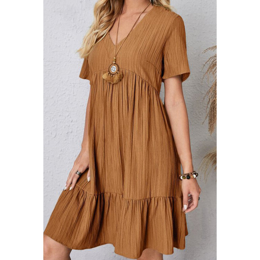 Full Size Ruched V - Neck Short Sleeve Dress Caramel / S Apparel and Accessories