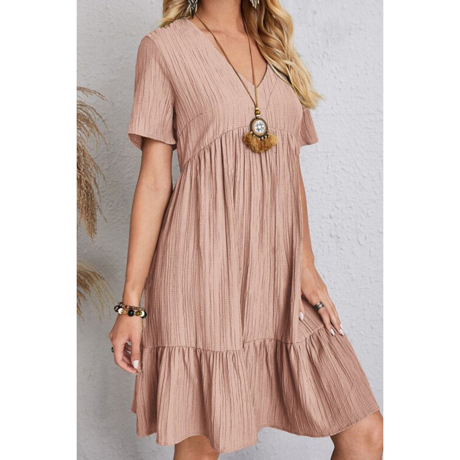 Full Size Ruched V - Neck Short Sleeve Dress Light Mauve / S Apparel and Accessories