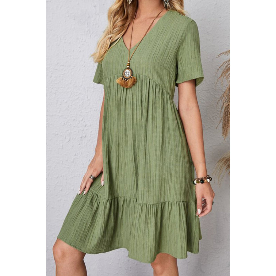 Full Size Ruched V - Neck Short Sleeve Dress Matcha Green / S Apparel and Accessories