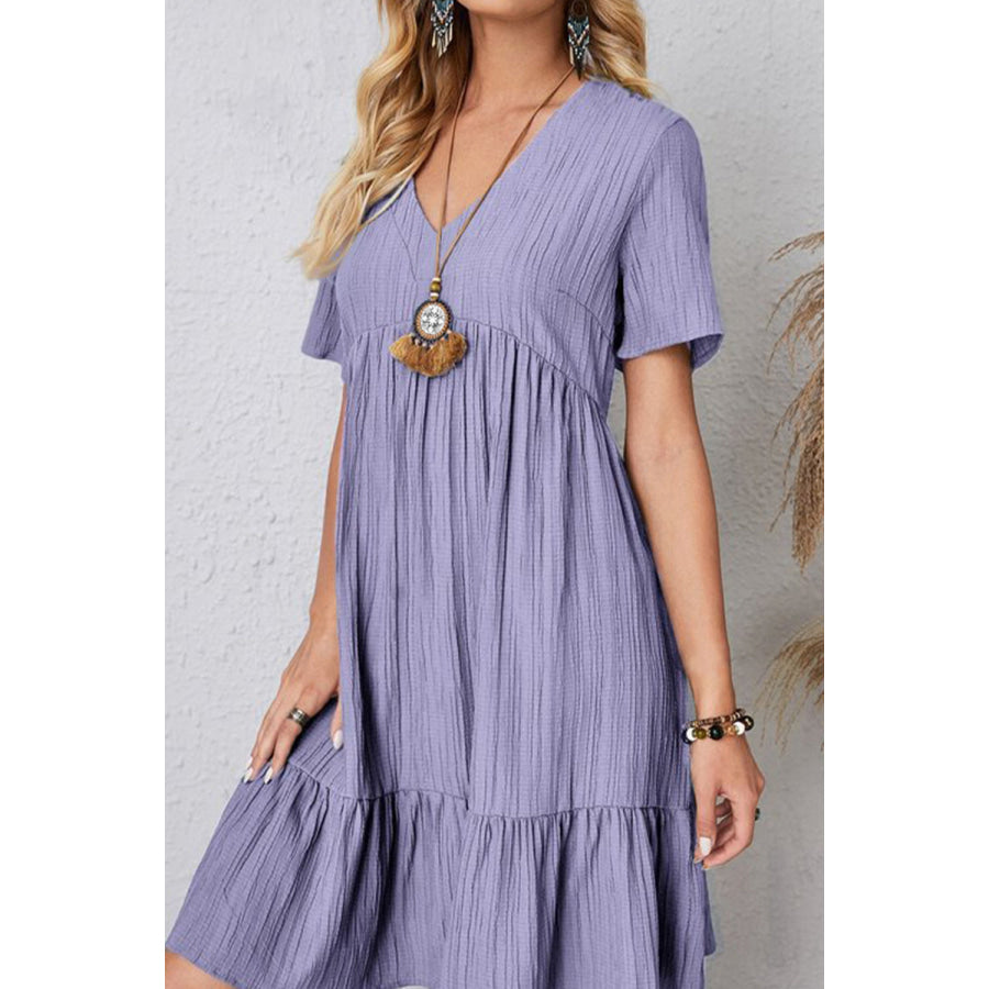 Full Size Ruched V - Neck Short Sleeve Dress Periwinkle / S Apparel and Accessories