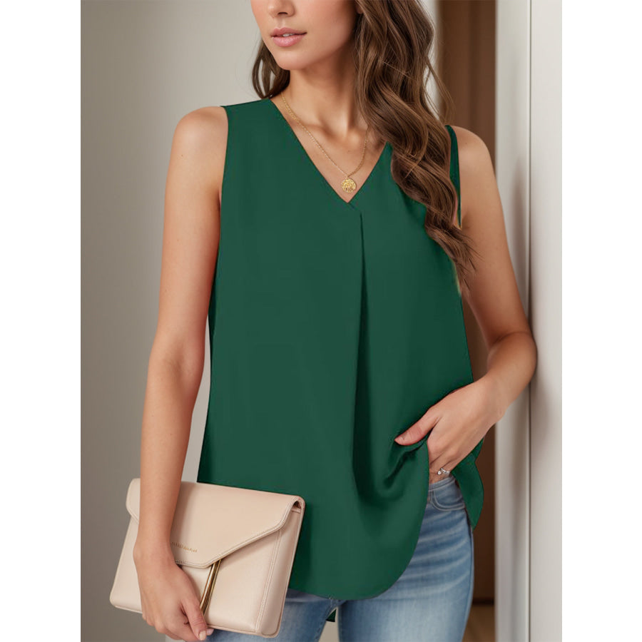 Full Size Ruched V-Neck Tank Dark Green / S Apparel and Accessories