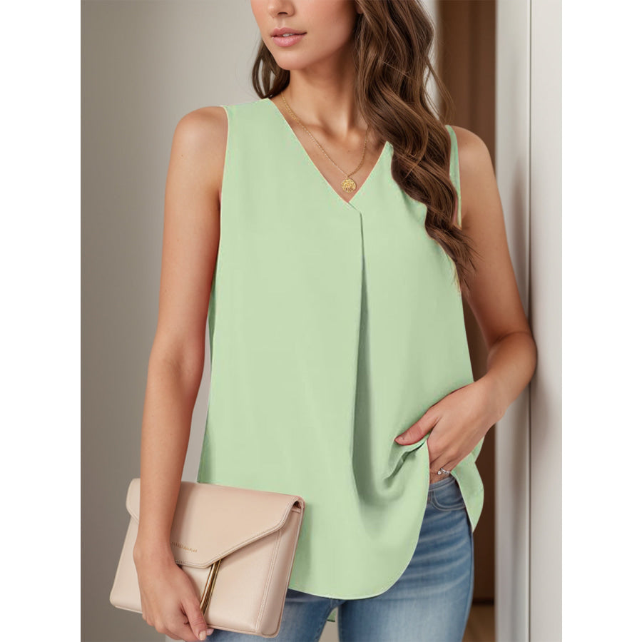 Full Size Ruched V-Neck Tank Gum Leaf / S Apparel and Accessories